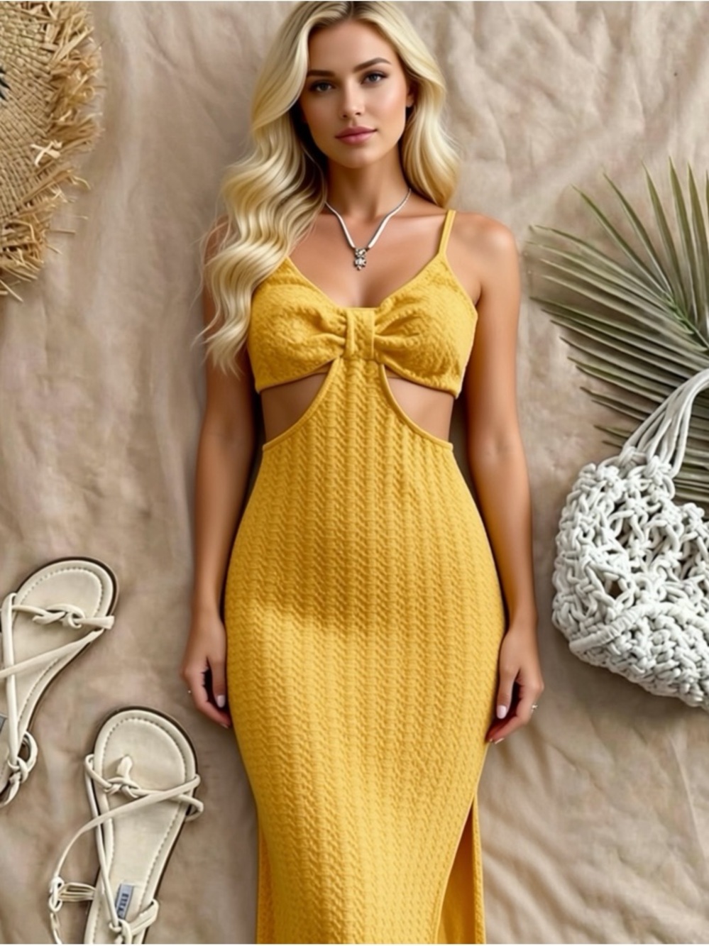 Elegant maxi bodycon bra top Yellow Cut-Out slit Dress